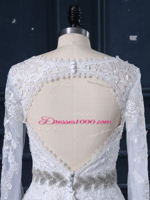 Elegant White Long Sleeves Brush Train Beading and Lace Wedding Dresses