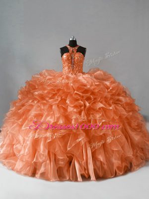 Ball Gowns Sleeveless Orange Quinceanera Dress Brush Train Zipper