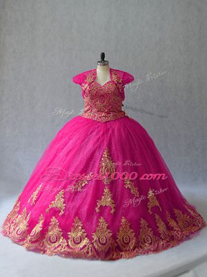 Hot Pink Ball Gowns Appliques Vestidos de Quinceanera Lace Up Tulle Sleeveless