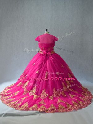 Hot Pink Ball Gowns Appliques Vestidos de Quinceanera Lace Up Tulle Sleeveless