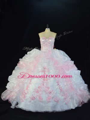 Glorious Sleeveless Floor Length Beading and Pick Ups Lace Up 15 Quinceanera Dress with Pink And White