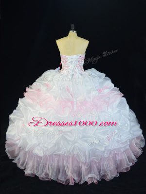 Glorious Sleeveless Floor Length Beading and Pick Ups Lace Up 15 Quinceanera Dress with Pink And White