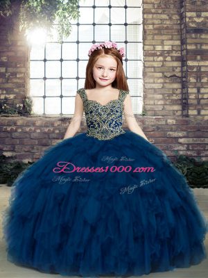 Enchanting Navy Blue Ball Gowns Beading and Ruffles Little Girl Pageant Gowns Lace Up Sleeveless Floor Length