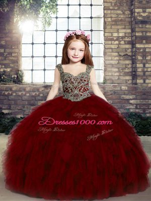 Straps Sleeveless Little Girl Pageant Dress Floor Length Beading and Ruffles Red Tulle