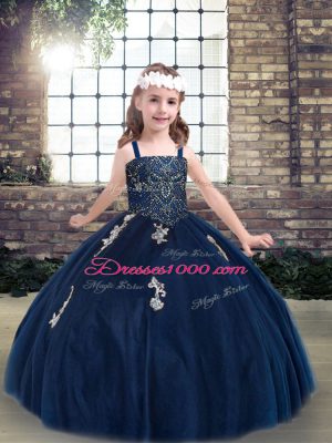 Pretty Ball Gowns Child Pageant Dress Navy Blue Straps Tulle Sleeveless Floor Length Lace Up