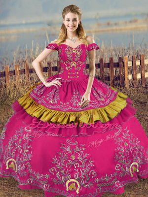 Sweet Ball Gowns 15th Birthday Dress Fuchsia Off The Shoulder Organza Sleeveless Floor Length Lace Up