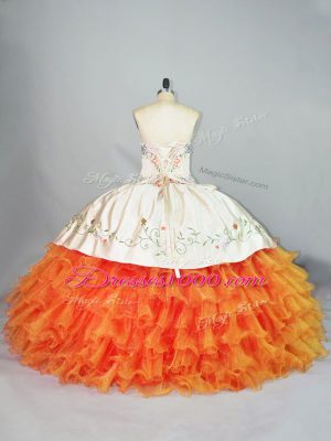 Fashionable Orange Ball Gowns Sweetheart Sleeveless Organza Floor Length Lace Up Embroidery and Ruffles 15th Birthday Dress