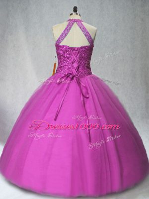 Smart Sleeveless Tulle Floor Length Lace Up Quinceanera Gowns in Purple with Beading