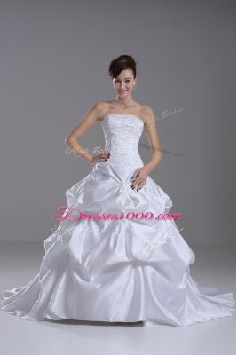 White Lace Up Strapless Beading and Pick Ups Wedding Dresses Taffeta Sleeveless Brush Train