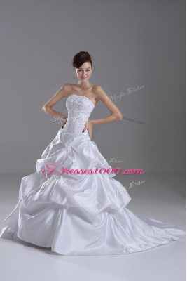 White Lace Up Strapless Beading and Pick Ups Wedding Dresses Taffeta Sleeveless Brush Train