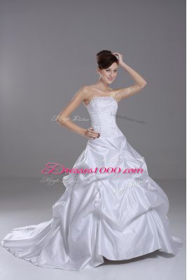 White Lace Up Strapless Beading and Pick Ups Wedding Dresses Taffeta Sleeveless Brush Train