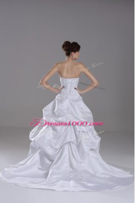 White Lace Up Strapless Beading and Pick Ups Wedding Dresses Taffeta Sleeveless Brush Train