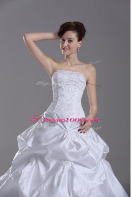 White Lace Up Strapless Beading and Pick Ups Wedding Dresses Taffeta Sleeveless Brush Train