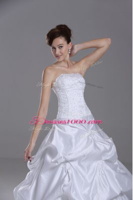 White Lace Up Strapless Beading and Pick Ups Wedding Dresses Taffeta Sleeveless Brush Train