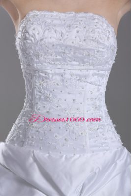 White Lace Up Strapless Beading and Pick Ups Wedding Dresses Taffeta Sleeveless Brush Train