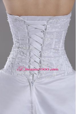 White Lace Up Strapless Beading and Pick Ups Wedding Dresses Taffeta Sleeveless Brush Train