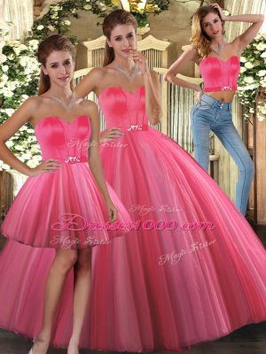 Popular Sleeveless Tulle Floor Length Lace Up Quinceanera Dresses in Coral Red with Beading