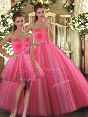 Popular Sleeveless Tulle Floor Length Lace Up Quinceanera Dresses in Coral Red with Beading