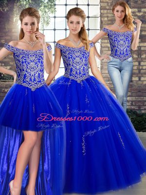 Customized Off The Shoulder Sleeveless Tulle Quinceanera Gown Beading Lace Up