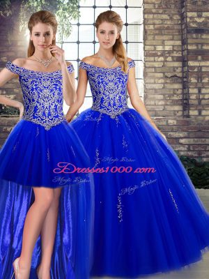 Customized Off The Shoulder Sleeveless Tulle Quinceanera Gown Beading Lace Up