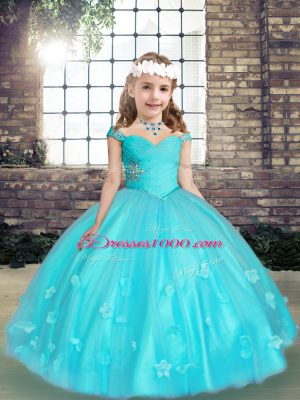 Aqua Blue Little Girls Pageant Dress Party and Wedding Party with Beading and Hand Made Flower Straps Sleeveless Lace Up