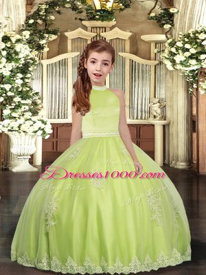 High Quality Floor Length Yellow Green Pageant Gowns For Girls Tulle Sleeveless Beading and Appliques