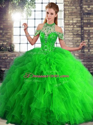 Romantic Halter Top Sleeveless Lace Up Sweet 16 Dress Green Tulle