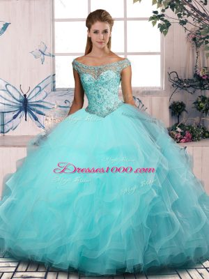 Tulle Sleeveless Floor Length 15 Quinceanera Dress and Beading and Ruffles