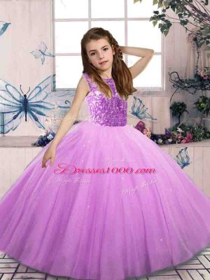 Custom Designed Bateau Sleeveless Lace Up Child Pageant Dress Lilac Tulle