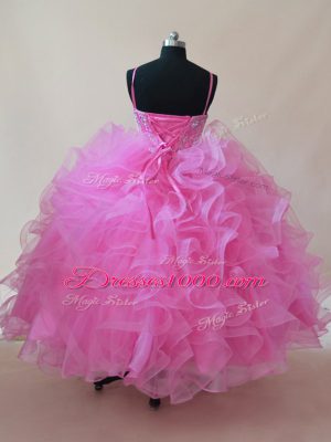 Floor Length Ball Gowns Sleeveless Rose Pink Little Girl Pageant Gowns Lace Up