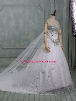 Customized Chapel Train Ball Gowns Wedding Dresses White Sweetheart Tulle Sleeveless Lace Up