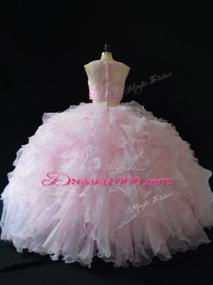 Sleeveless Organza Floor Length Zipper Sweet 16 Dress in Baby Pink with Beading