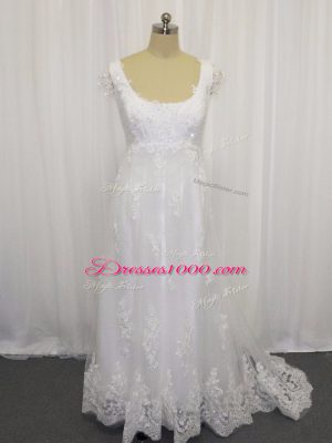 Tulle Cap Sleeves Wedding Dresses Sweep Train and Beading and Lace