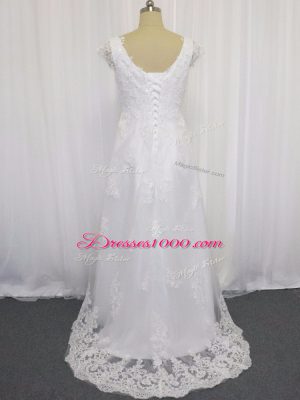 Tulle Cap Sleeves Wedding Dresses Sweep Train and Beading and Lace