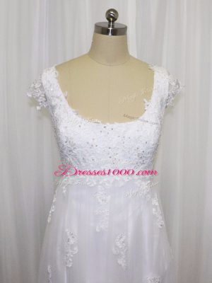 Tulle Cap Sleeves Wedding Dresses Sweep Train and Beading and Lace