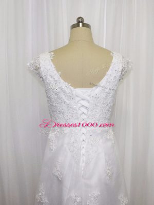 Tulle Cap Sleeves Wedding Dresses Sweep Train and Beading and Lace