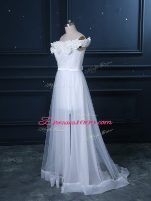 Sweet Sleeveless Brush Train Hand Made Flower Zipper Wedding Gown
