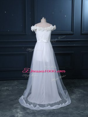 Sweet Sleeveless Brush Train Hand Made Flower Zipper Wedding Gown