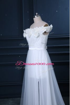 Sweet Sleeveless Brush Train Hand Made Flower Zipper Wedding Gown