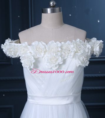 Sweet Sleeveless Brush Train Hand Made Flower Zipper Wedding Gown