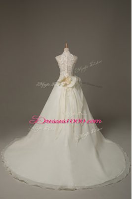 Amazing White Organza Zipper Wedding Dress Sleeveless Court Train Beading and Lace and Hand Made Flower