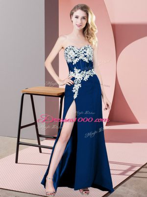 Navy Blue Column/Sheath Sweetheart Sleeveless Chiffon Floor Length Zipper Lace and Appliques Dress for Prom