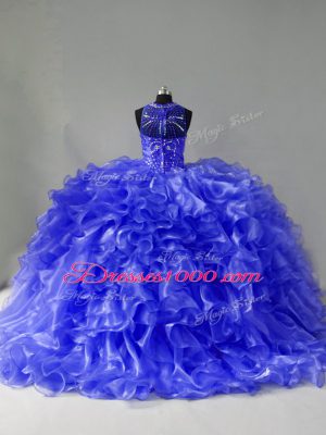 Halter Top Sleeveless Brush Train Zipper 15th Birthday Dress Blue Organza