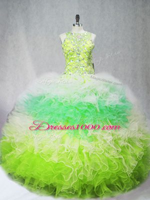 Sleeveless Floor Length Beading and Ruffles Zipper Sweet 16 Dress with Multi-color