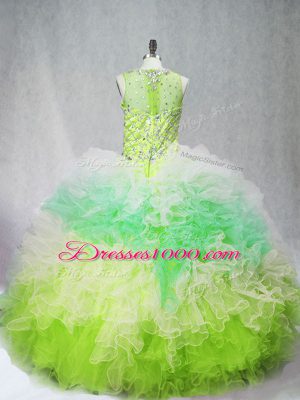 Sleeveless Floor Length Beading and Ruffles Zipper Sweet 16 Dress with Multi-color