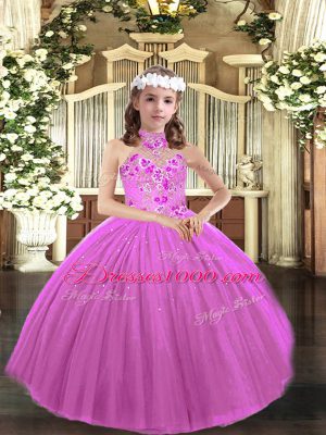 Perfect Lilac Lace Up Halter Top Appliques Girls Pageant Dresses Tulle Sleeveless