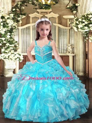 Aqua Blue Lace Up Pageant Dress Wholesale Beading and Ruffles Sleeveless Floor Length