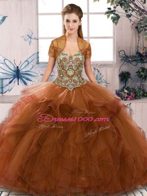 Captivating Brown Off The Shoulder Lace Up Beading and Ruffles Quinceanera Dresses Sleeveless