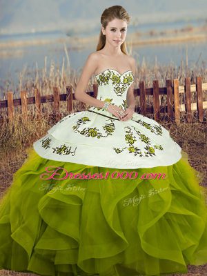 Sleeveless Tulle Floor Length Lace Up 15th Birthday Dress in Olive Green with Embroidery and Ruffles and Bowknot