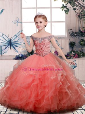 Nice Peach Sleeveless Floor Length Beading and Ruffles Lace Up Little Girls Pageant Dress Wholesale